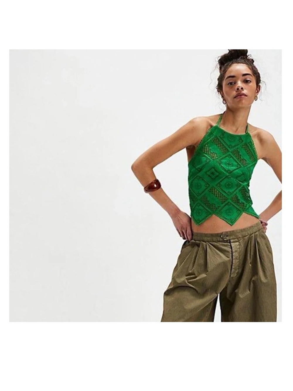 NWT Free People Green Crochet Halter Tank Top - Picture 3 of 8
